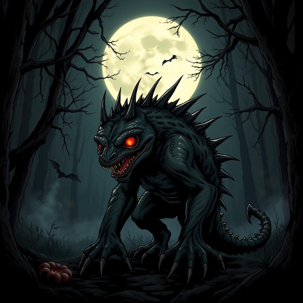 A detailed illustration of a Chupacabra, a mythical creature known for its reptilian features, glowing red eyes, and spiky back