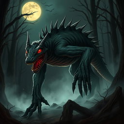 A detailed illustration of a Chupacabra, a mythical creature known for its reptilian features, glowing red eyes, and spiky back