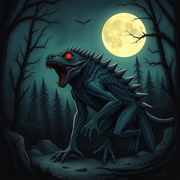 A detailed illustration of a Chupacabra, a mythical creature known for its reptilian features, glowing red eyes, and spiky back