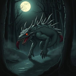 A detailed illustration of a Chupacabra, a mythical creature known for its reptilian features, glowing red eyes, and spiky back
