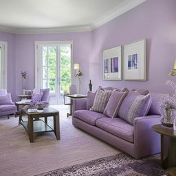 A sophisticated living room bathed in minimalist colors, prominently featuring shades of lavender.