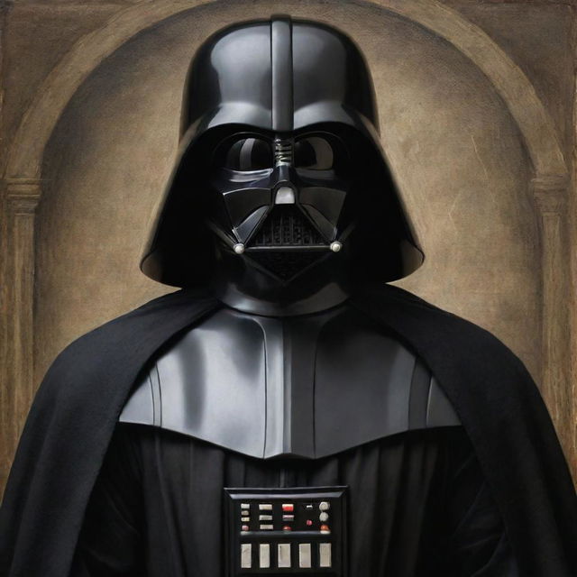 Darth Vader showcased in the style of Leonardo da Vinci, featuring exceptional detail and Renaissance period aesthetics.