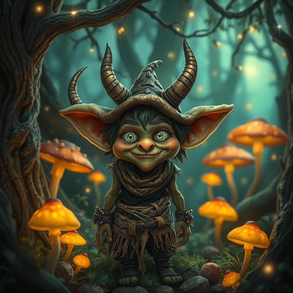 A whimsical and magical scene featuring 'el duende,' a mythical goblin-like creature from folklore