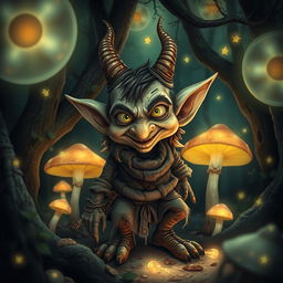 A whimsical and magical scene featuring 'el duende,' a mythical goblin-like creature from folklore