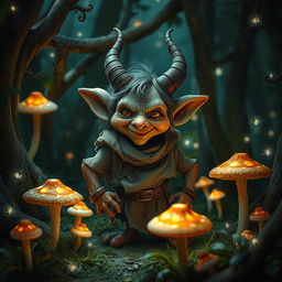 A whimsical and magical scene featuring 'el duende,' a mythical goblin-like creature from folklore