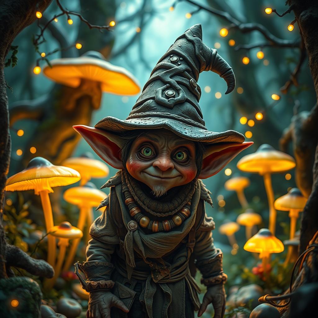 A whimsical and magical scene featuring 'el duende,' a mischievous goblin-like creature from folklore, wearing an evil-looking hat