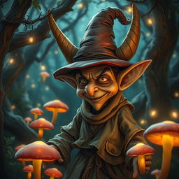 A whimsical and magical scene featuring 'el duende,' a mischievous goblin-like creature from folklore, wearing an evil-looking hat