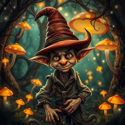 A whimsical and magical scene featuring 'el duende,' a mischievous goblin-like creature from folklore, wearing an evil-looking hat