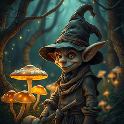 A whimsical and magical scene featuring 'el duende,' a mischievous goblin-like creature from folklore, wearing an evil-looking hat