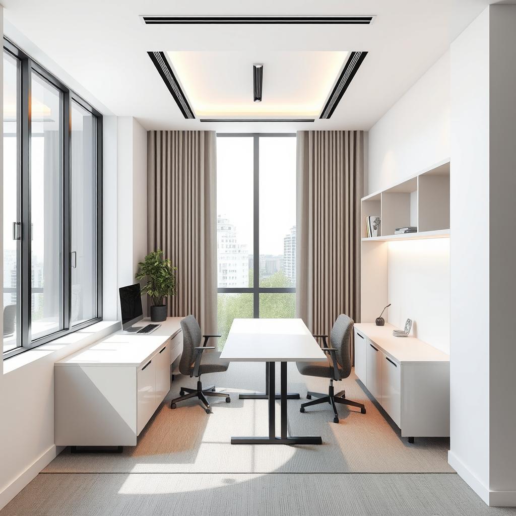 Design a modern office space with an area of 30 square meters based on the provided floor plan