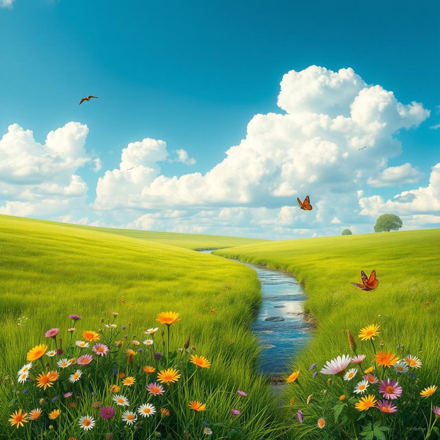 A serene landscape featuring a lush green meadow with colorful wildflowers, a clear blue sky with fluffy white clouds, and a gentle stream flowing through the scene