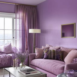 A sophisticated living room bathed in minimalist colors, prominently featuring shades of lavender.