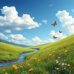 A serene landscape featuring a lush green meadow with colorful wildflowers, a clear blue sky with fluffy white clouds, and a gentle stream flowing through the scene