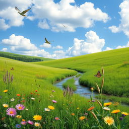 A serene landscape featuring a lush green meadow with colorful wildflowers, a clear blue sky with fluffy white clouds, and a gentle stream flowing through the scene