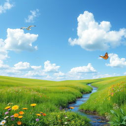 A serene landscape featuring a lush green meadow with colorful wildflowers, a clear blue sky with fluffy white clouds, and a gentle stream flowing through the scene