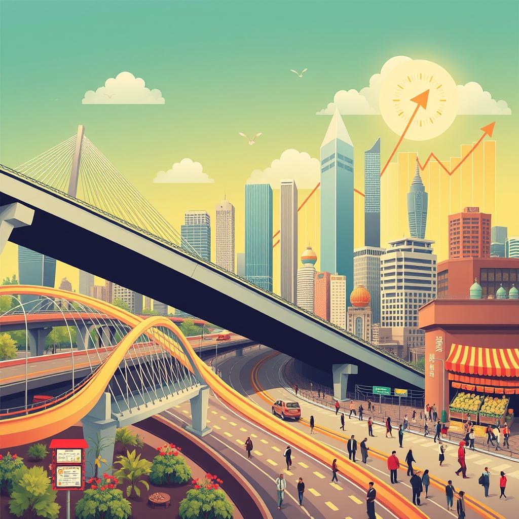 Create an image that illustrates the relationship between infrastructure and economic growth