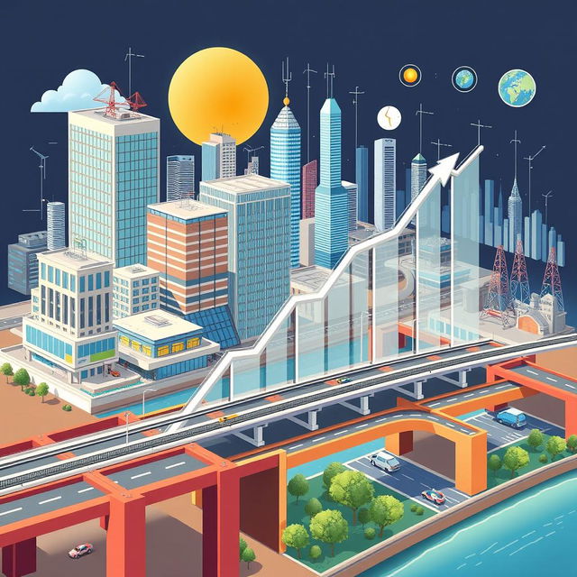 A detailed illustration showcasing infrastructure development and economic growth