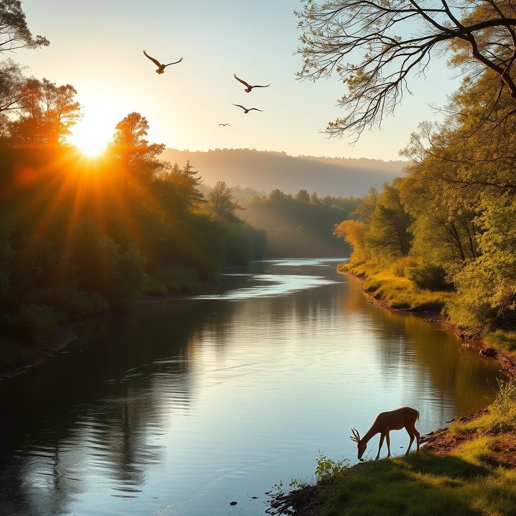 A serene landscape featuring a calm river flowing through a lush forest during sunrise