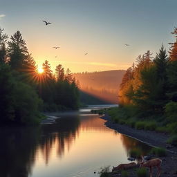 A serene landscape featuring a calm river flowing through a lush forest during sunrise