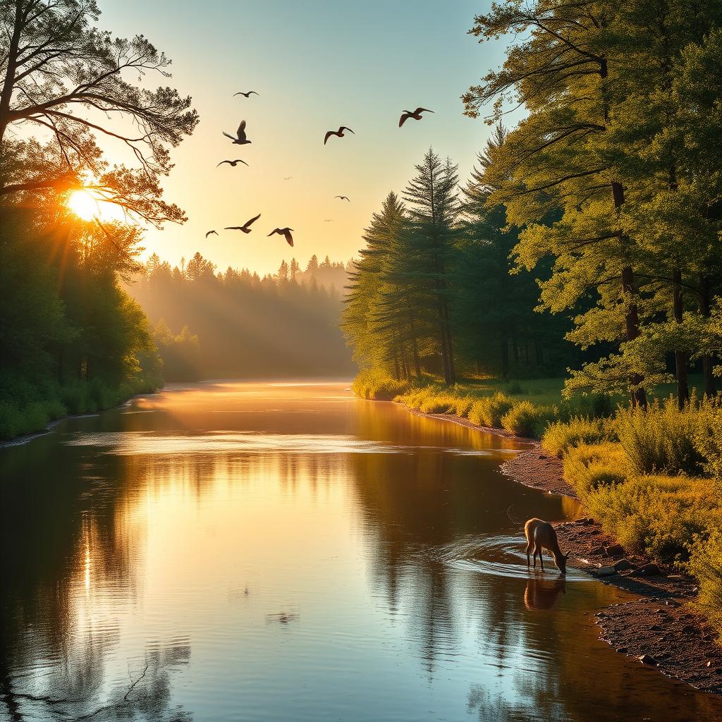 A serene landscape featuring a calm river flowing through a lush forest during sunrise