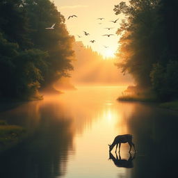 A serene landscape featuring a calm river flowing through a lush forest during sunrise