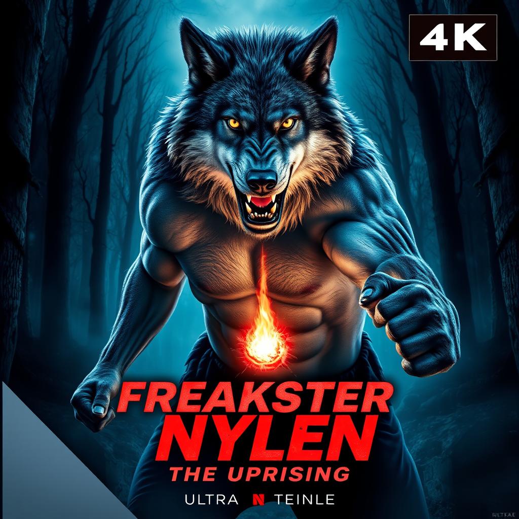 An action movie poster titled 'Freakster Nylen, The Uprising' with a dynamic and dramatic composition