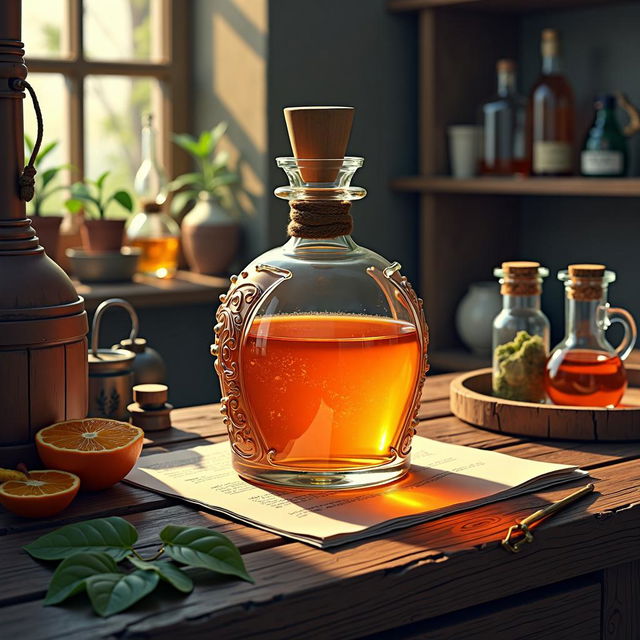 A detailed illustration of an orange potion in an ornate glass bottle on a rustic wooden table with alchemical tools and ingredients, lit by a warm, golden light