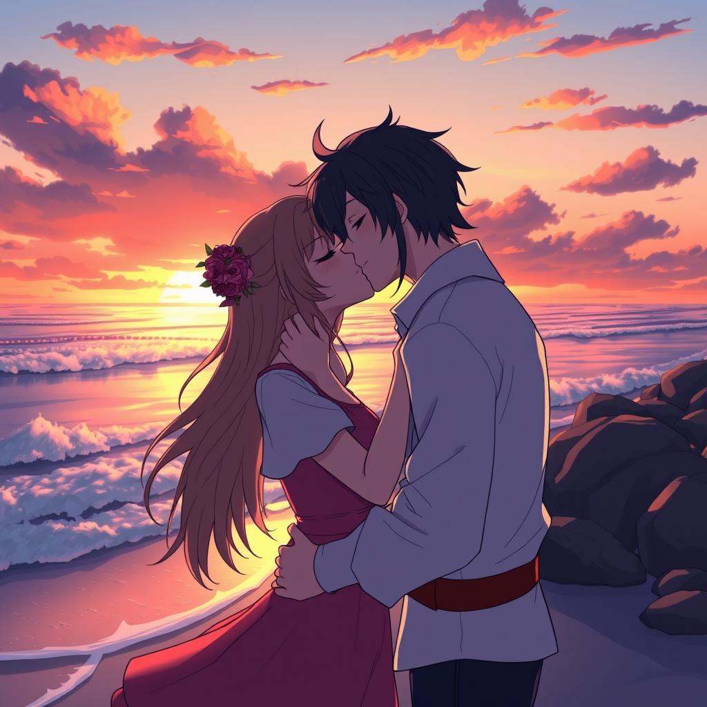 A romantic scene of two characters sharing a kiss