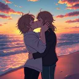 A romantic scene of two characters sharing a kiss