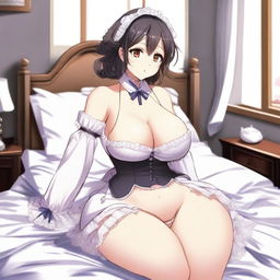 An anime-style illustration of a sexy, flustered, and seductive waifu maid with large breasts