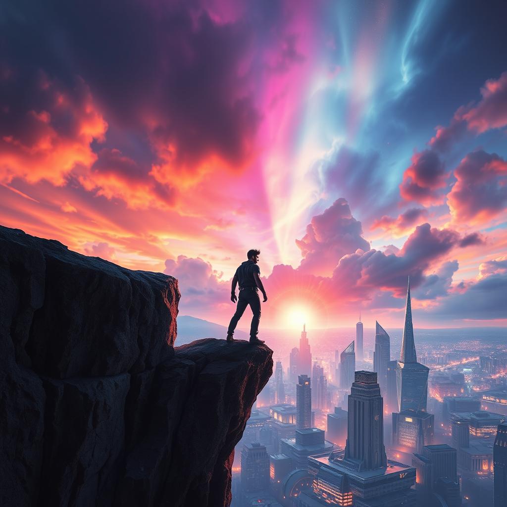 Create a captivating movie poster featuring a heroic protagonist standing on a cliff overlooking a futuristic city