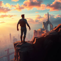 Create a captivating movie poster featuring a heroic protagonist standing on a cliff overlooking a futuristic city