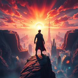 Create a captivating movie poster featuring a heroic protagonist standing on a cliff overlooking a futuristic city