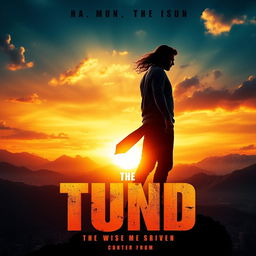 A dynamic and captivating movie poster featuring a heroic figure standing against a dramatic sunset, with bold text displaying the movie title and tagline