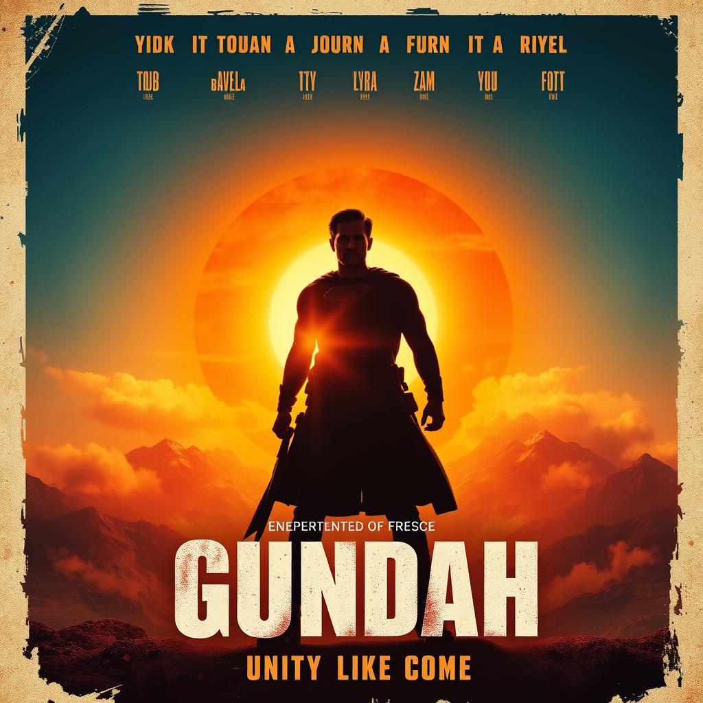 A dynamic and captivating movie poster featuring a heroic figure standing against a dramatic sunset, with bold text displaying the movie title and tagline