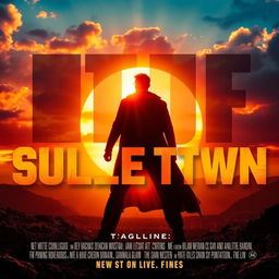 A dynamic and captivating movie poster featuring a heroic figure standing against a dramatic sunset, with bold text displaying the movie title and tagline