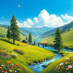 A beautiful landscape with a clear blue sky, green rolling hills, and a peaceful river flowing through the valley