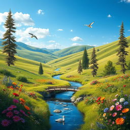 A beautiful landscape with a clear blue sky, green rolling hills, and a peaceful river flowing through the valley