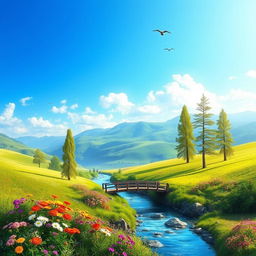 A beautiful landscape with a clear blue sky, green rolling hills, and a peaceful river flowing through the valley