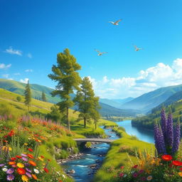 A beautiful landscape with a clear blue sky, green rolling hills, and a peaceful river flowing through the valley