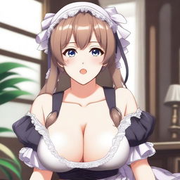 An anime-style illustration of a sexy, flustered, and seductive waifu maid with large breasts