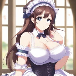 An anime-style illustration of a sexy, flustered, and seductive waifu maid with large breasts