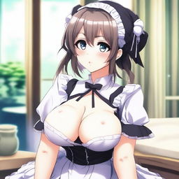 An anime-style illustration of a sexy, flustered, and seductive waifu maid with large breasts