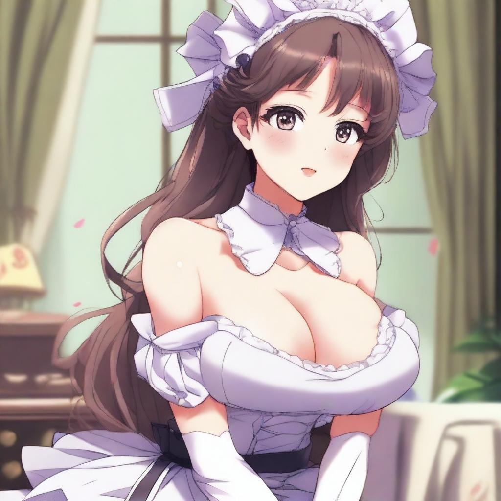 An anime-style illustration of a sexy, flustered, and seductive waifu maid with large breasts