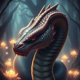 A majestic snake with the head of a dragon, featuring intricate scales and a fierce expression