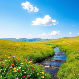 A serene landscape featuring a peaceful meadow with colorful wildflowers, a clear blue sky, and a gentle stream flowing through the scene