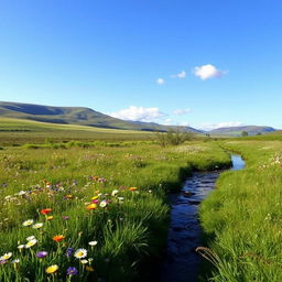 A serene landscape featuring a peaceful meadow with colorful wildflowers, a clear blue sky, and a gentle stream flowing through the scene