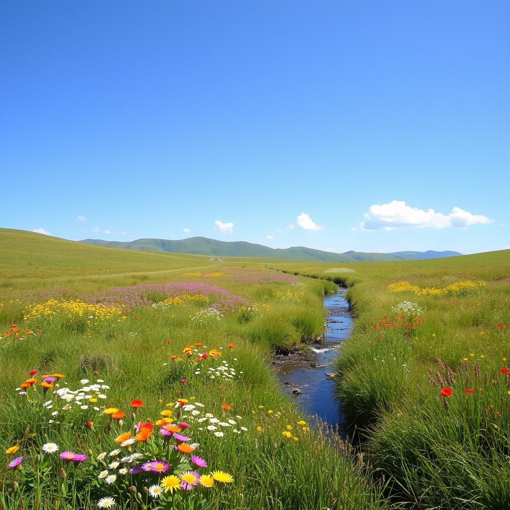 A serene landscape featuring a peaceful meadow with colorful wildflowers, a clear blue sky, and a gentle stream flowing through the scene