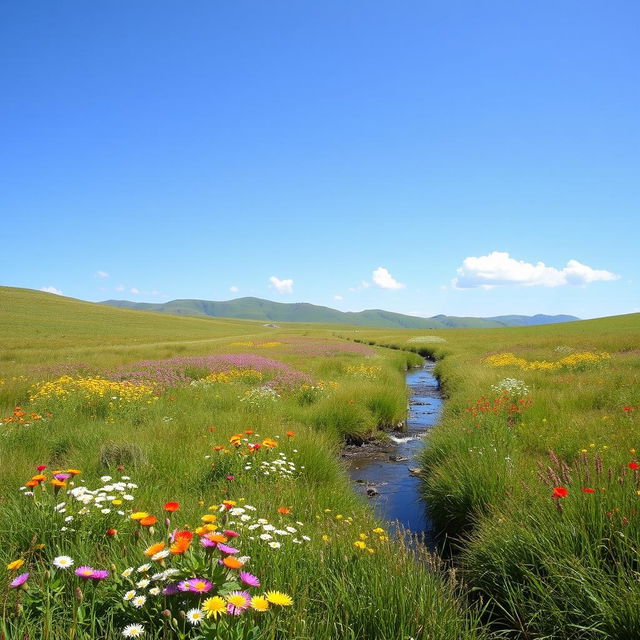 A serene landscape featuring a peaceful meadow with colorful wildflowers, a clear blue sky, and a gentle stream flowing through the scene