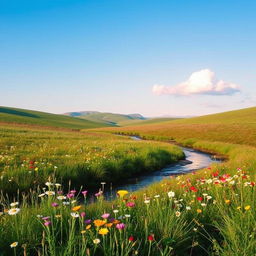 A serene landscape featuring a peaceful meadow with colorful wildflowers, a clear blue sky, and a gentle stream flowing through the scene